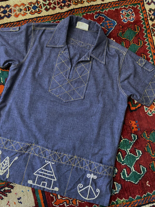 Vintage 1970s Haitian Chambray Folk Tunic Shirt