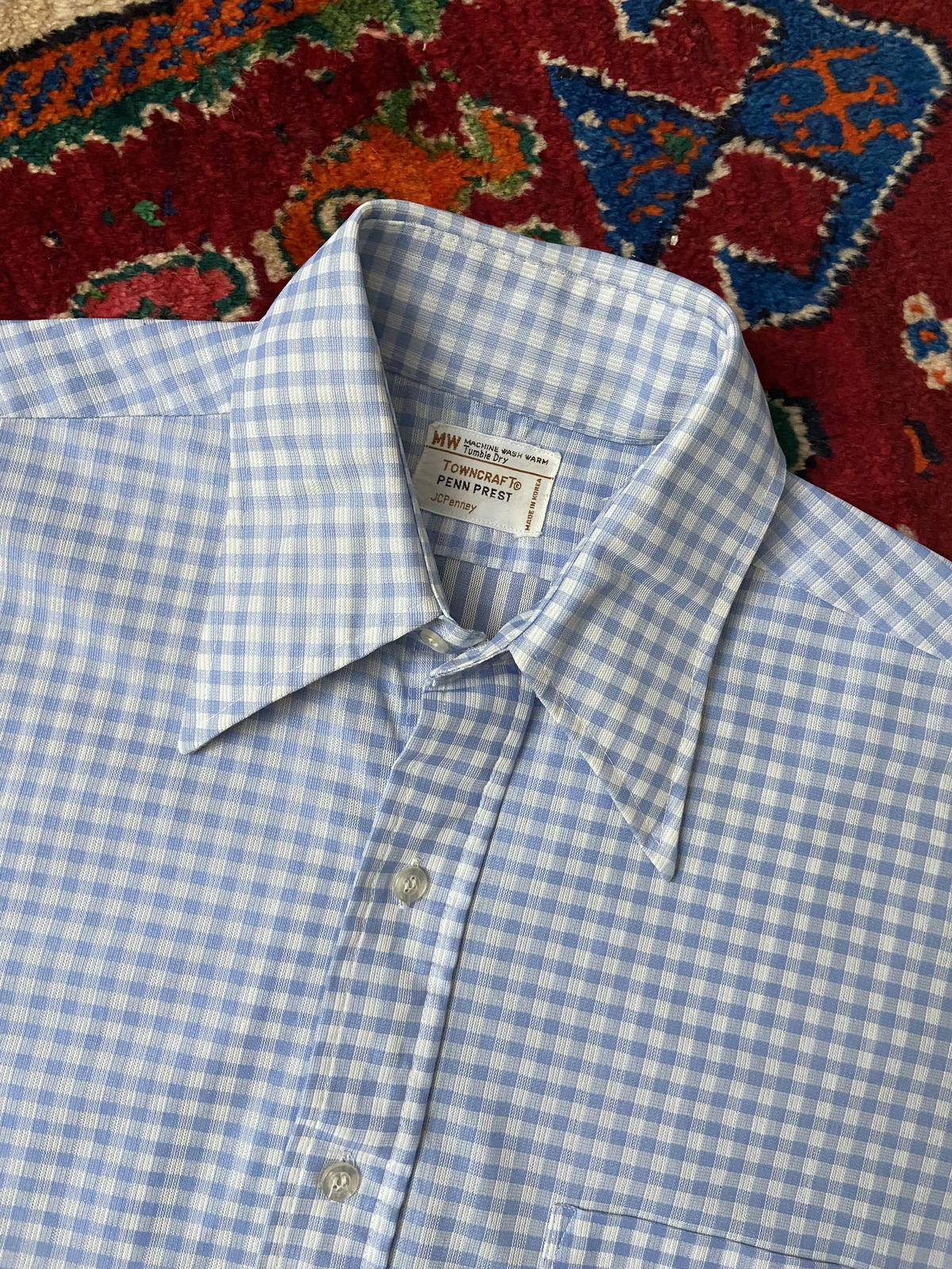 Vintage 1970s JCPenney Blue Gingham Dagger Collar Shirt