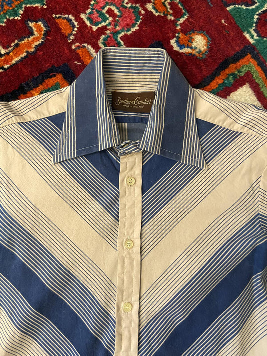 Vintage 1970s Beige & Navy Striped Dagger Collar Shirt