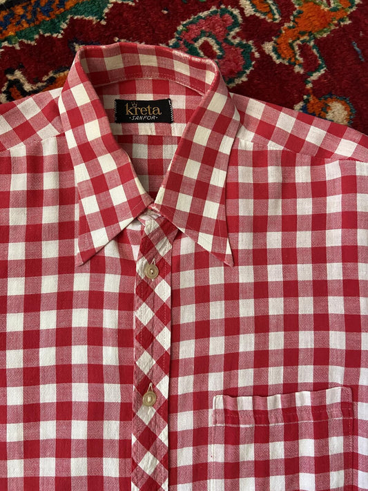 Vintage 1970s Red & White Dagger Collar Gingham Shirt