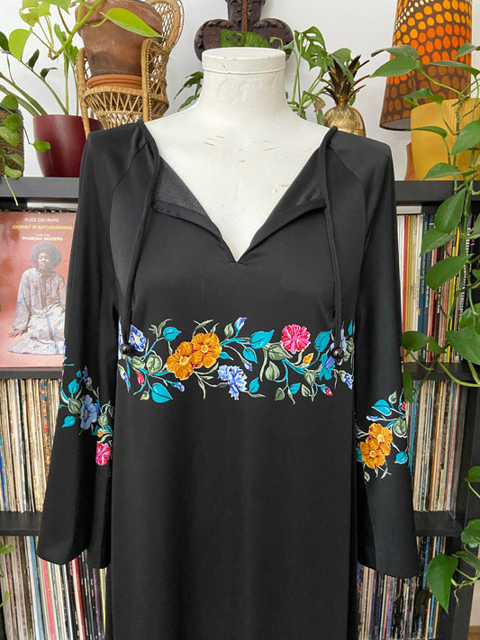 Vintage 1970s Black Floral Kaftan Dress