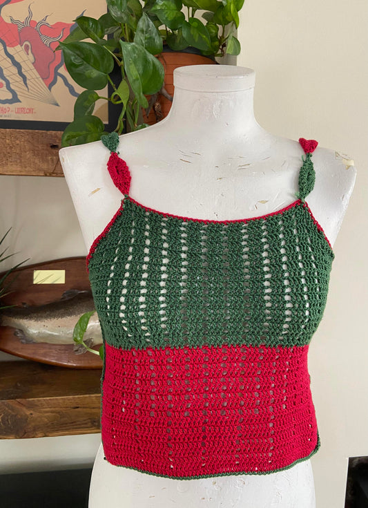 Vintage Green Red Crochet Crop Top