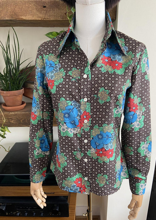 Vintage 1970s Brown Silk Franck Olivier Patterned Shirt