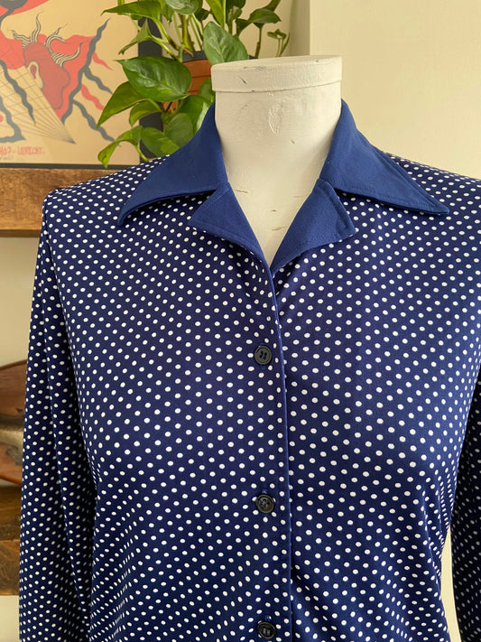 Vintage 1970s Navy Polka Dot Jersey Shirt