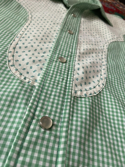 Vintage 1970s Green Gingham Rodeo Western Shirt