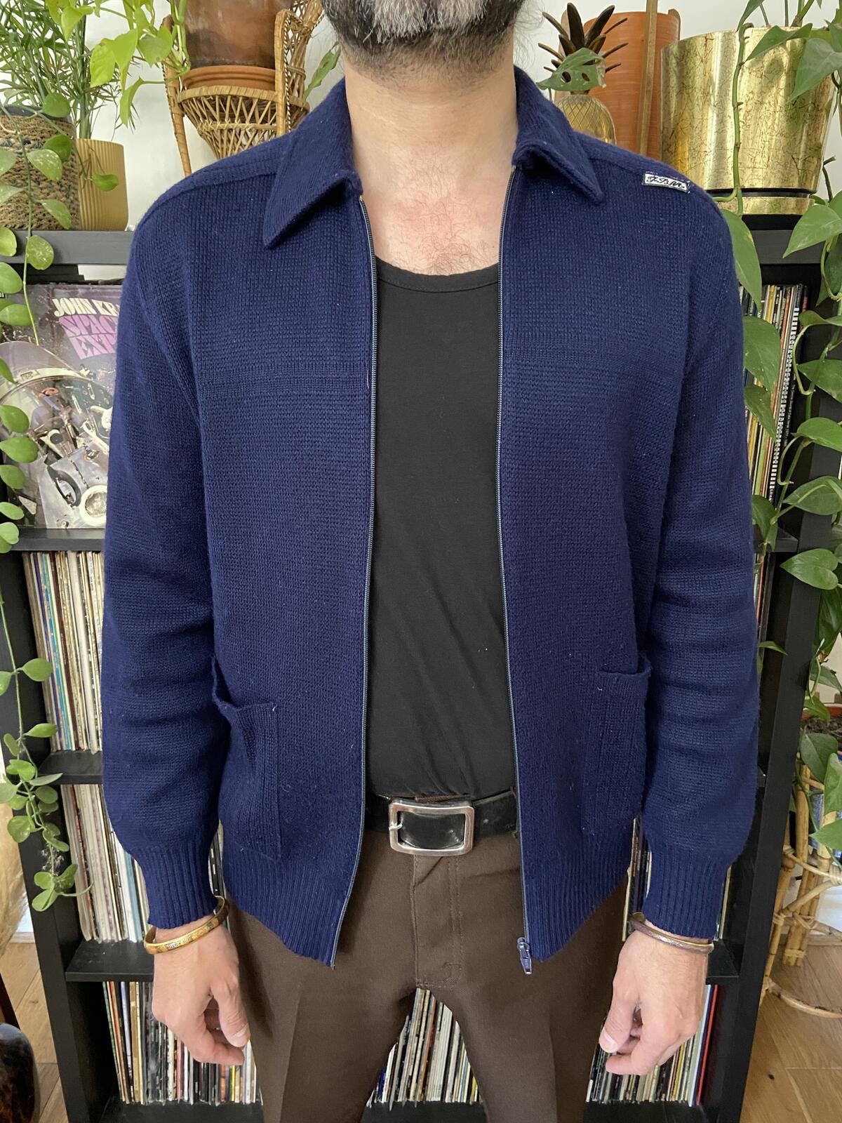 Vintage 1970s Italian Navy Collared Cardigan