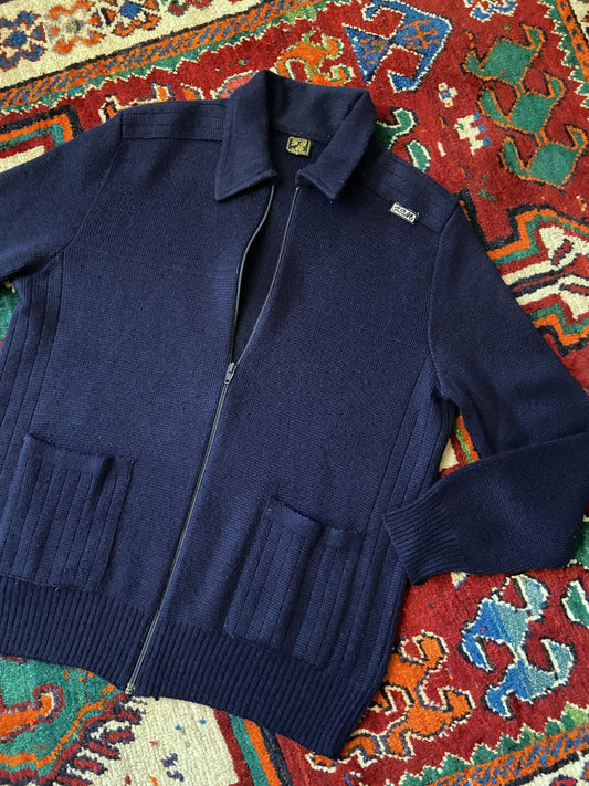 Vintage 1970s Italian Navy Collared Cardigan