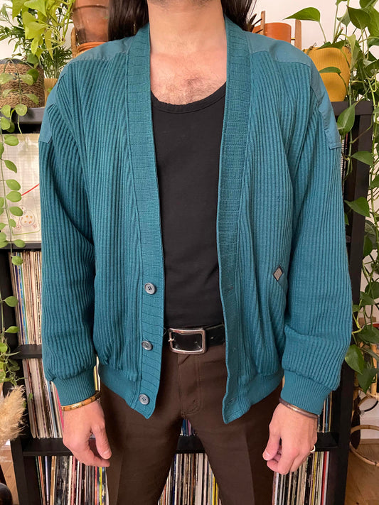 Vintage 1970s Teal Ribbed Cardigan Jacket