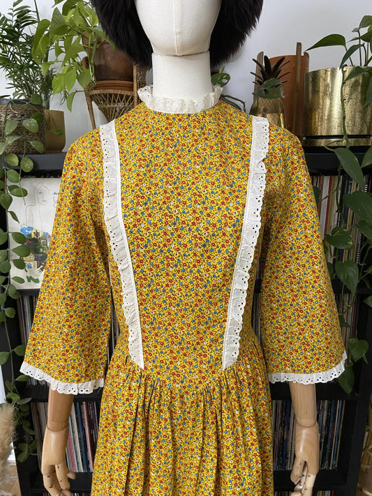Vintage 1970s Homemade Yellow Prairie Dress