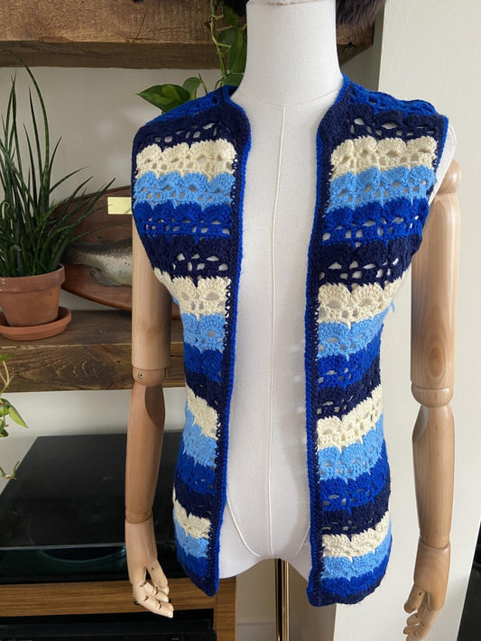 Vintage 1970s Blue Crochet Waistcoat