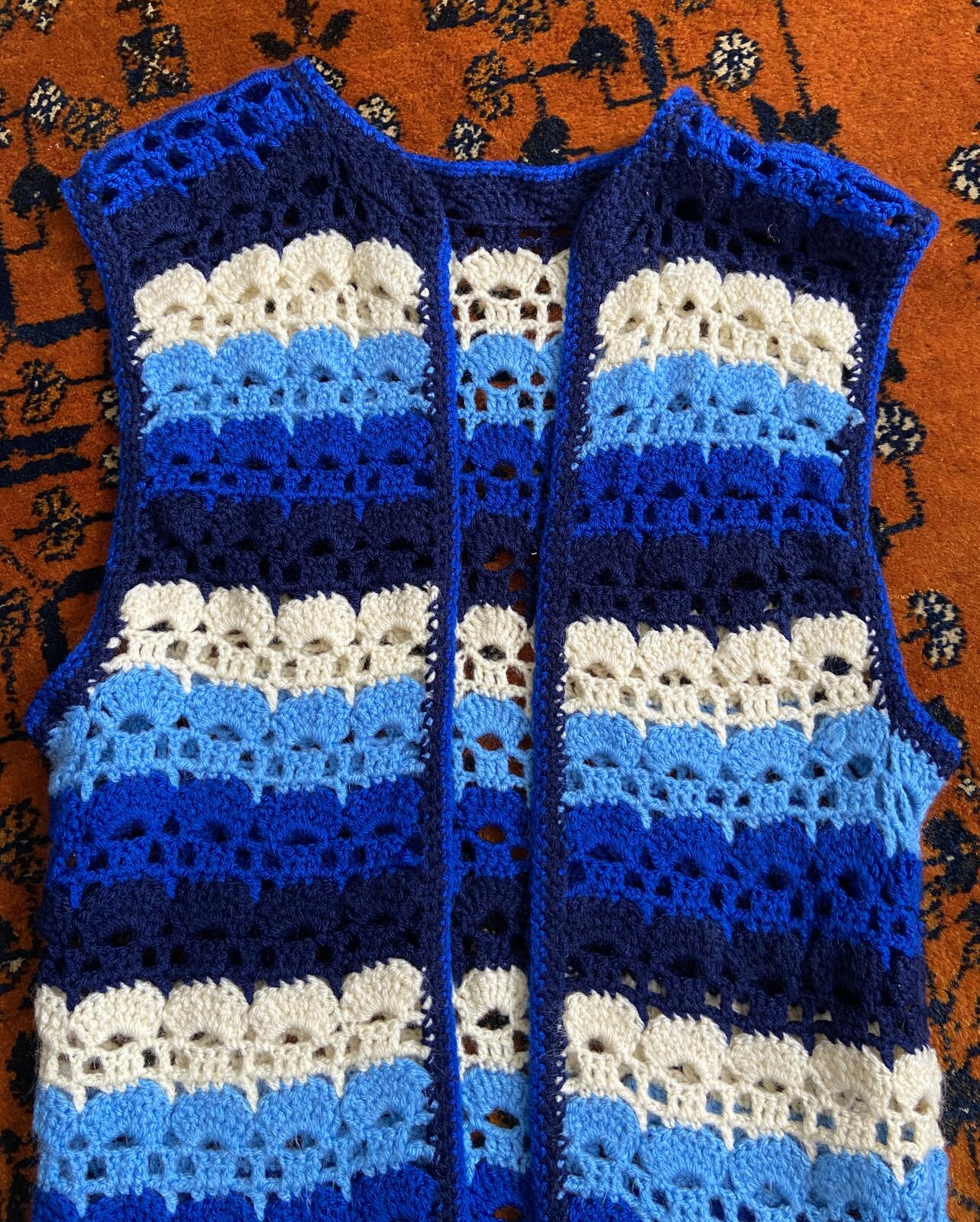 Vintage 1970s Blue Crochet Waistcoat