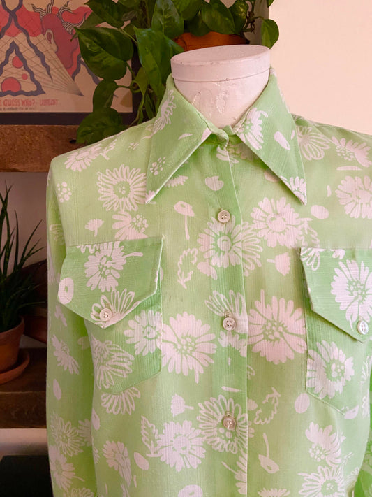 Vintage 1970s Green White Print Shirt
