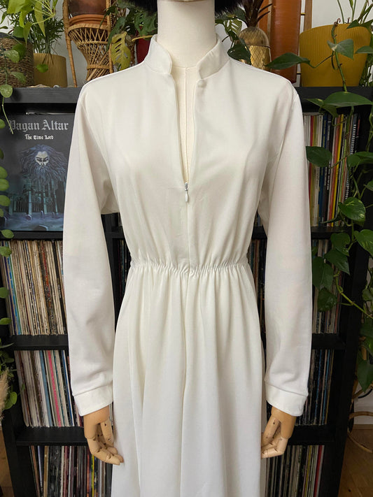 Vintage 1970s White Zip Up Maxi Dress
