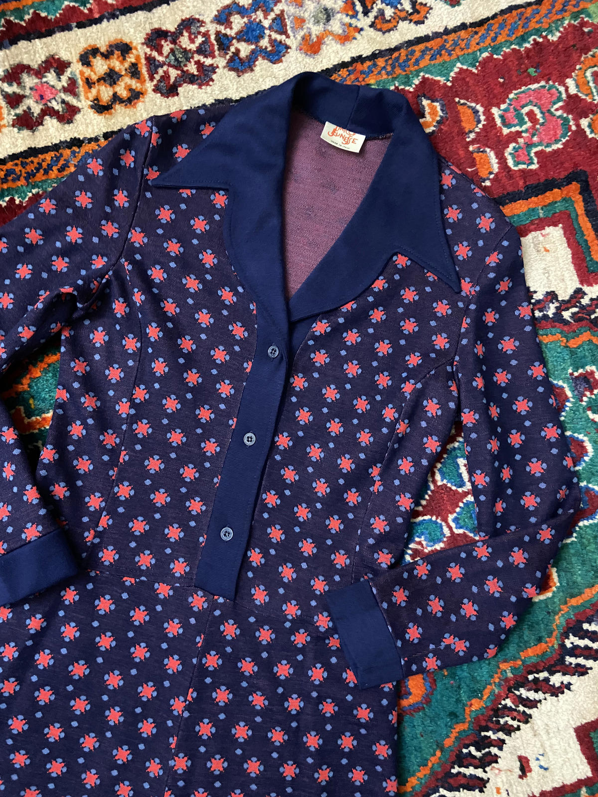 Vintage 1970s Navy Red Knit Dagger Collar Dress