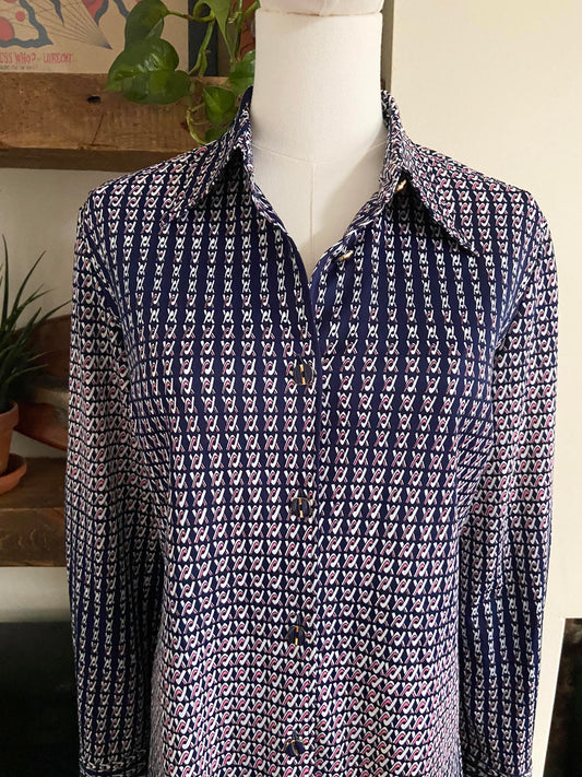 Vintage 1970s Navy Pink Dagger Collar Shirt