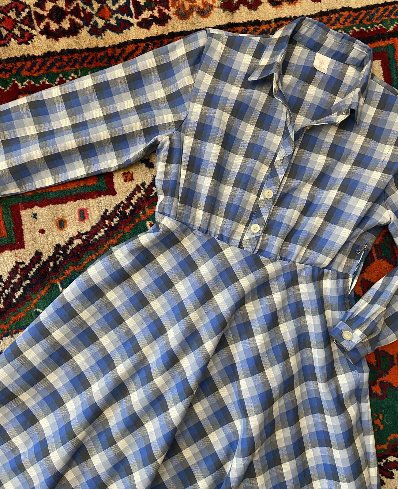 Vintage Blue Checked Shirt Dress