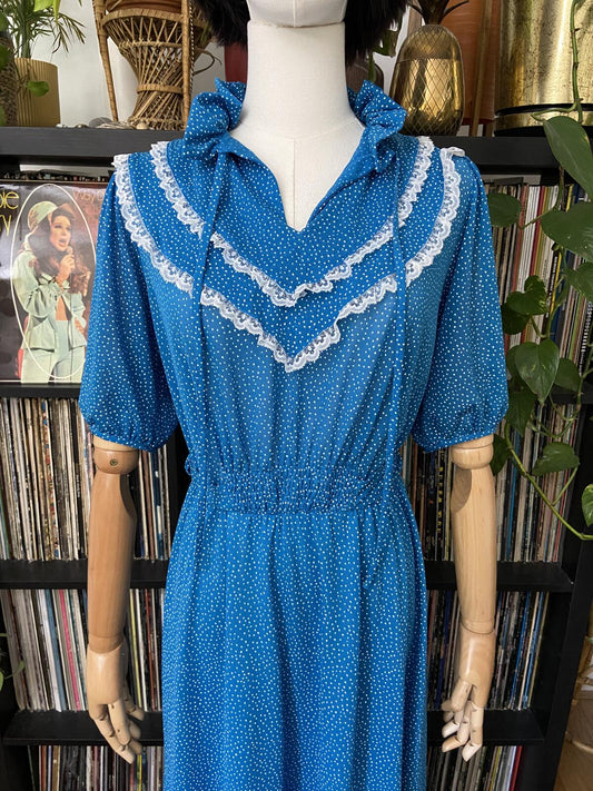 Vintage 1970s Blue Polka Dot Prairie Dress