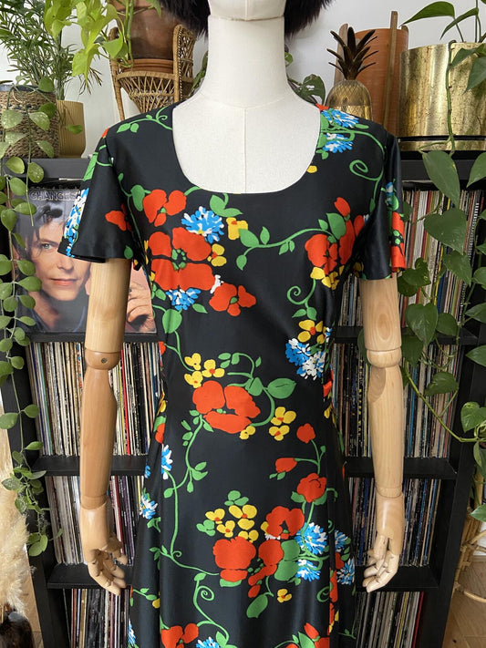 Vintage 1970s Black Floral Maxi Dress
