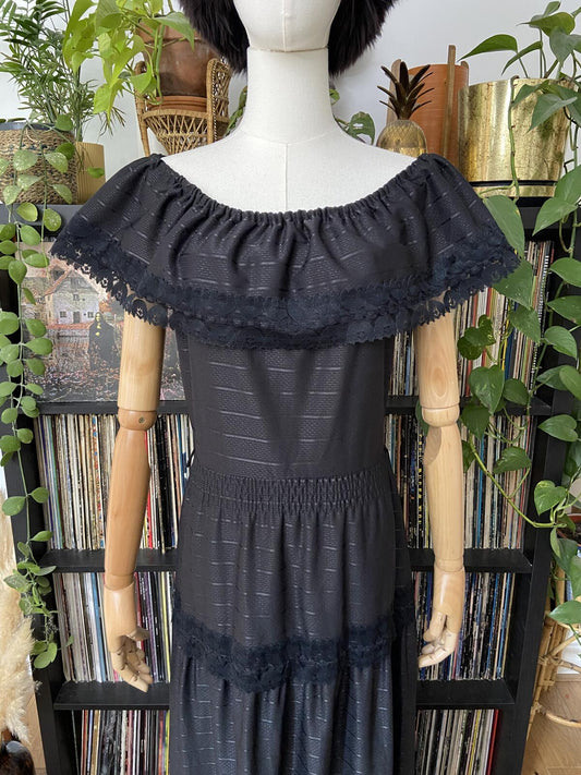 Vintage 1980s Black C&A Prairie Maxi Dress