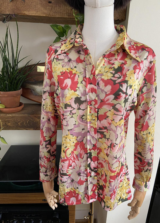 Vintage 1970s Pink Floral Print Shirt