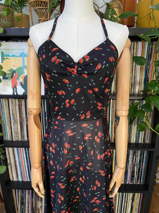 Vintage 1970s Black Printed Halterneck Dress