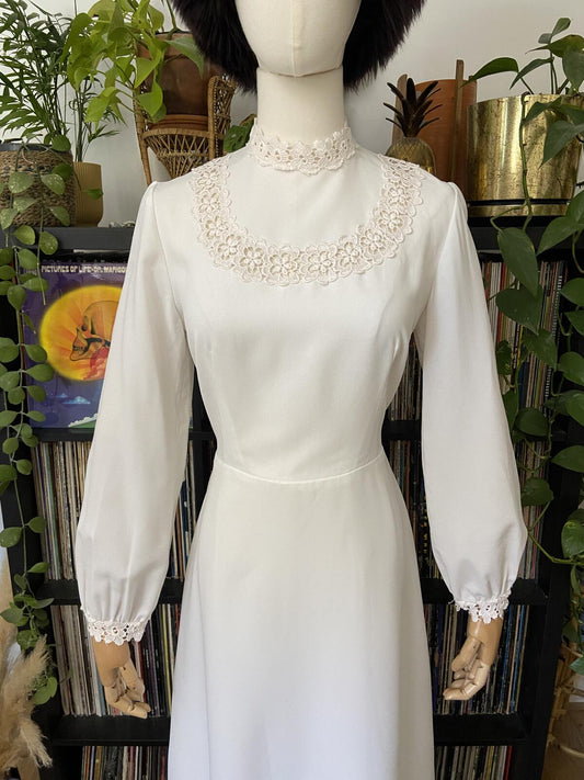 Vintage 1970s White High Neck Prairie Dress