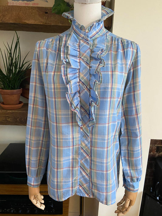 Vintage 1970s Pale Blue Gold Ruffle Prairie Shirt