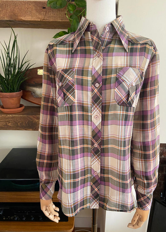 Vintage 1970s Purple Check Dagger Collar Shirt