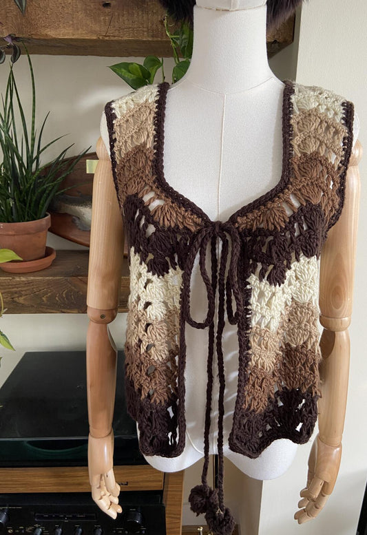 Vintage 1970s Brown & Cream Pom Pom Waistcoat