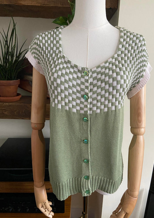 Vintage Green White Checkerboard Knit Top
