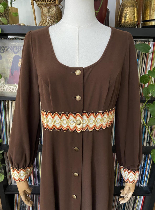 Vintage 1970s Brown Embroidered Trim Duster Dress