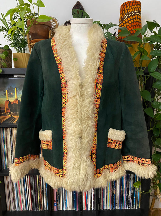 Vintage 1970s Green Embroidered Penny Lane Afghan Jacket