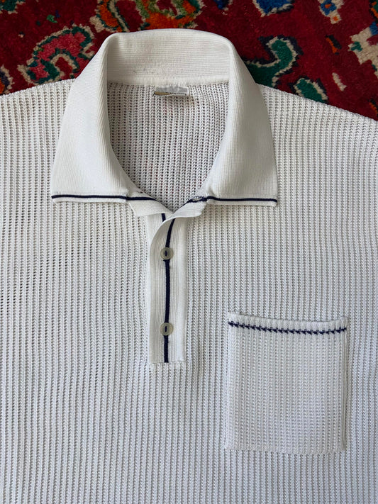 Vintage 1970s Deadstock White Loose Knit Polo Top