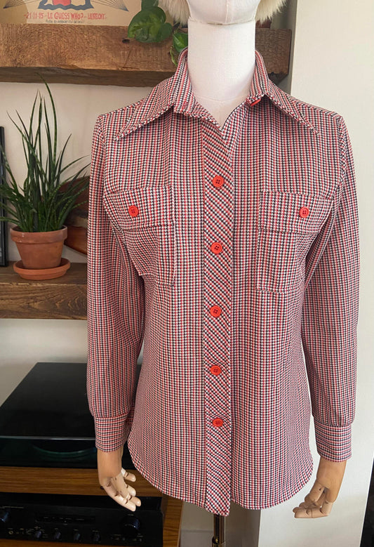 Vintage 1970s Houndstooth Dagger Collar Shirt