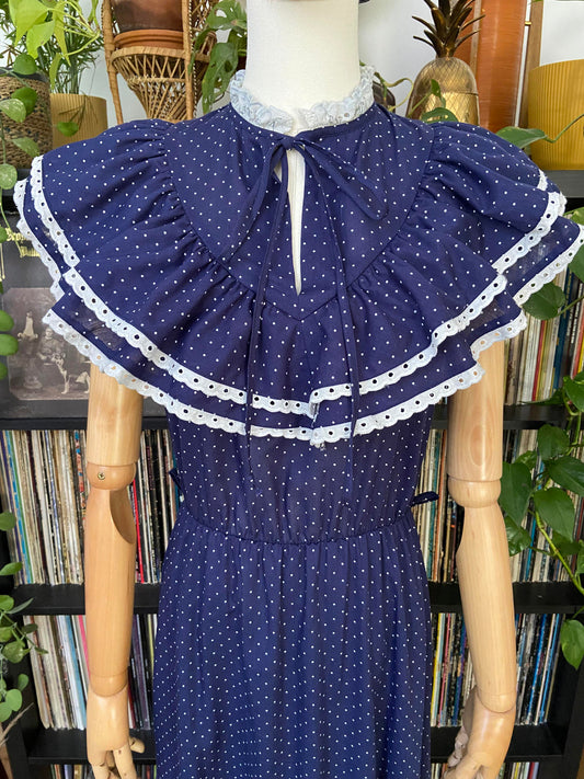Vintage 1970s Navy Polka Dot Prairie Dress