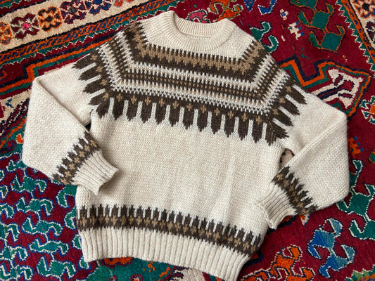 Vintage 1970s Chunky Knit Nordic Cream & Brown Jumper