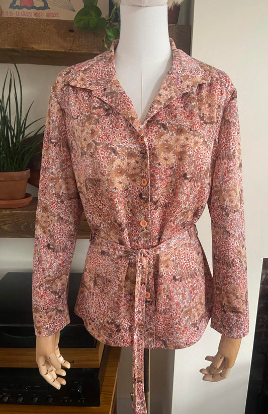 Vintage 1970s Pink Floral Tie Waist Shirt