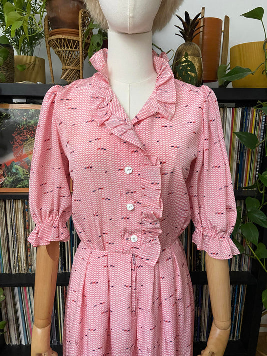 Vintage 1980s Pink Print Ruffle Shirt Dress