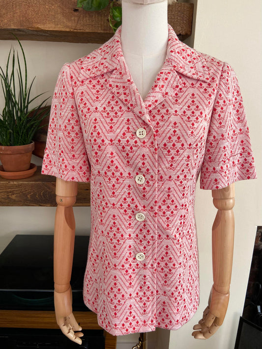 Vintage 1960s Red Geometric Print Blouse