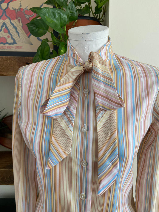 Vintage 1970s Beige Stripe St Michael Pussybow Blouse