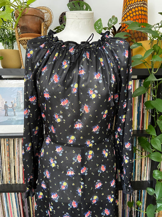 Vintage 1970s Black Floral Dress