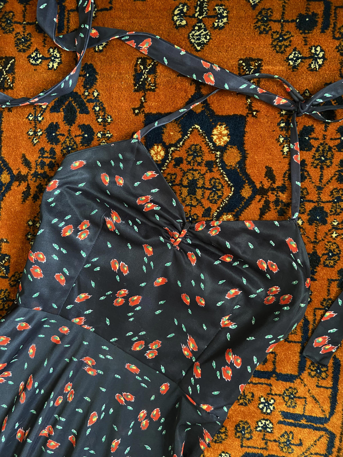 Vintage 1970s Black Printed Halterneck Dress