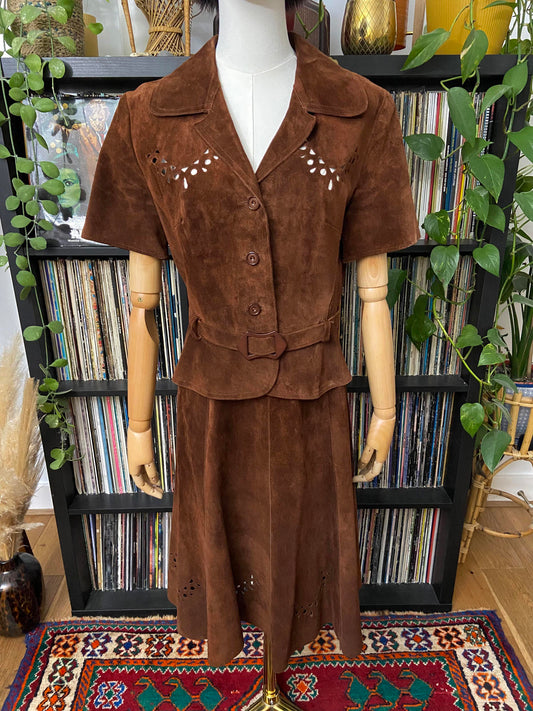 Vintage 1970s Brown Cut Out Suede Skirt Suit