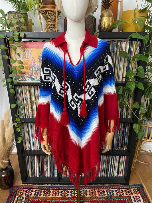 VIntage 1970s Burgundy Blue Knit Poncho