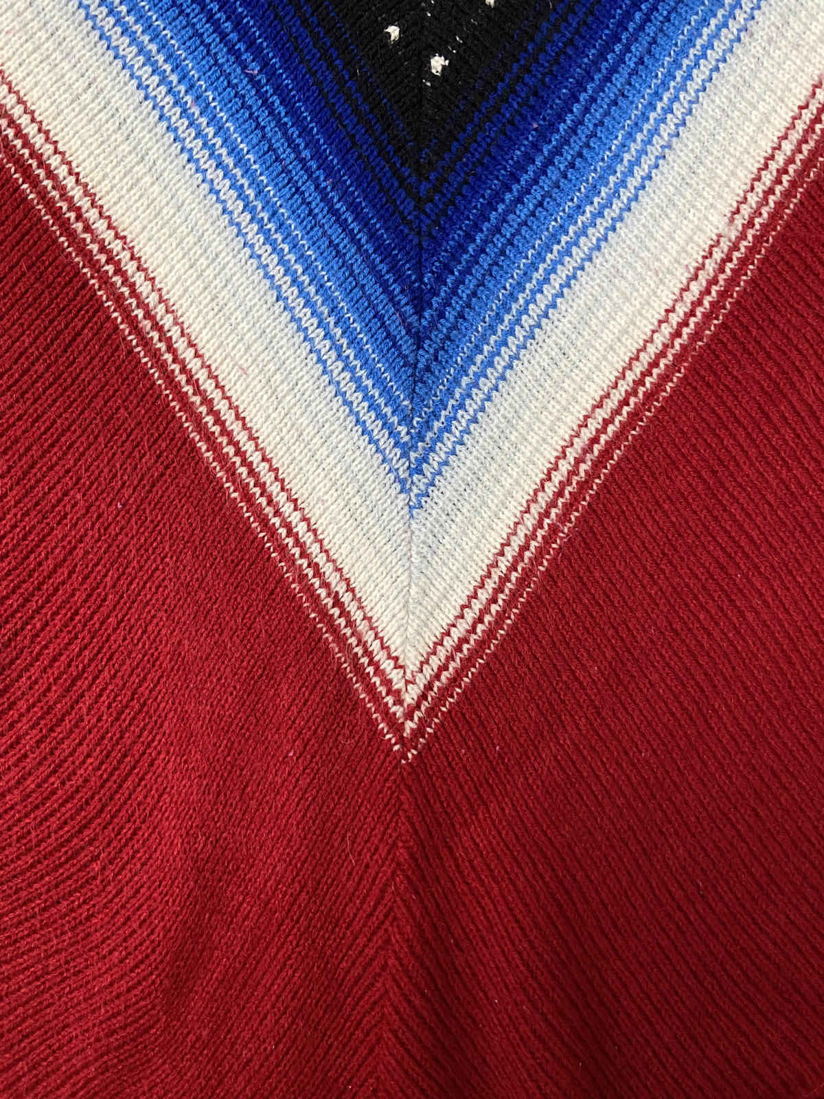 Vintage 1970s Burgundy Blue Knit Poncho