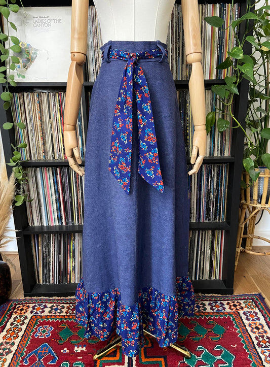 Vintage 1970s Denim Floral Prairie Maxi Skirt