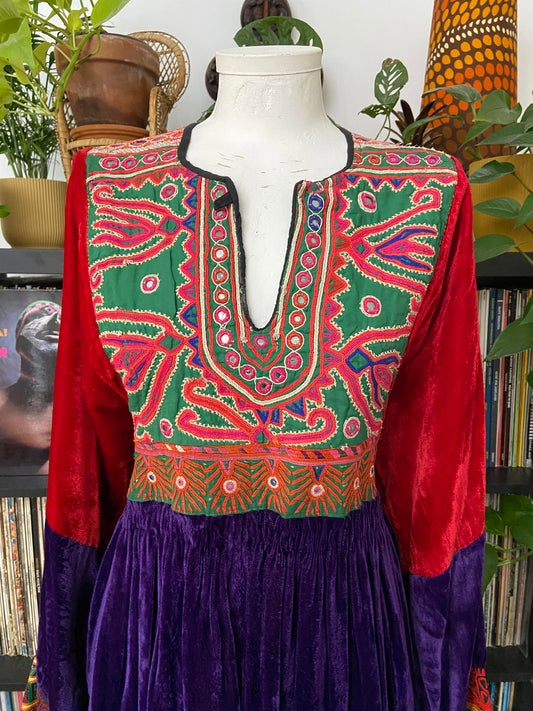 Vintage 1970s Velvet Patchwork Afghan Maxi Dress