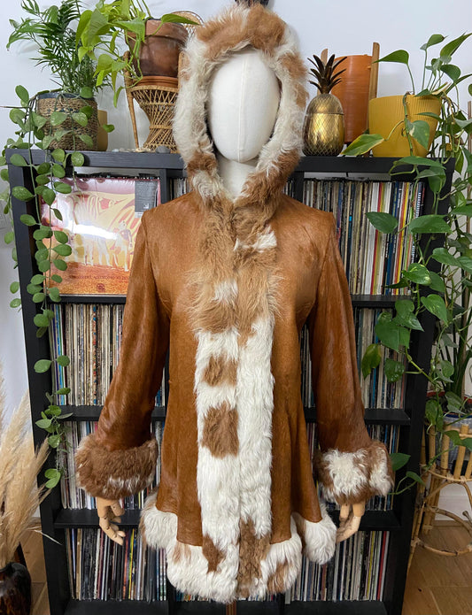 Vintage 1970s Tan Cowhide Hooded Afghan Coat