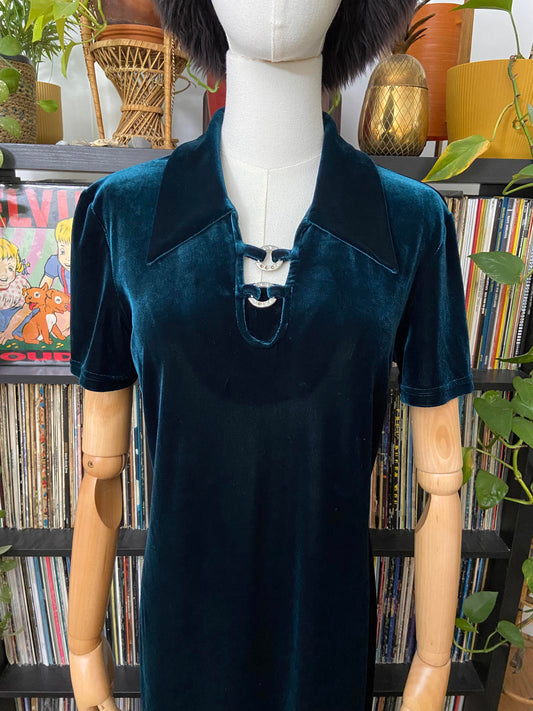 Vintage 90s C&A Teal Green Velvet Maxi Dress