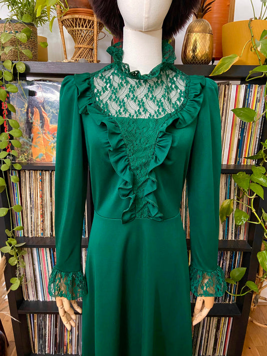 Vintage 1970s Emerald Green Prairie Dress